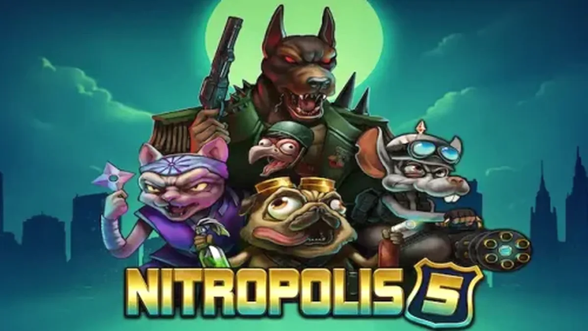 Tampilan layar utama game slot Nitropolis 5 dengan latar belakang kota yang terbakar