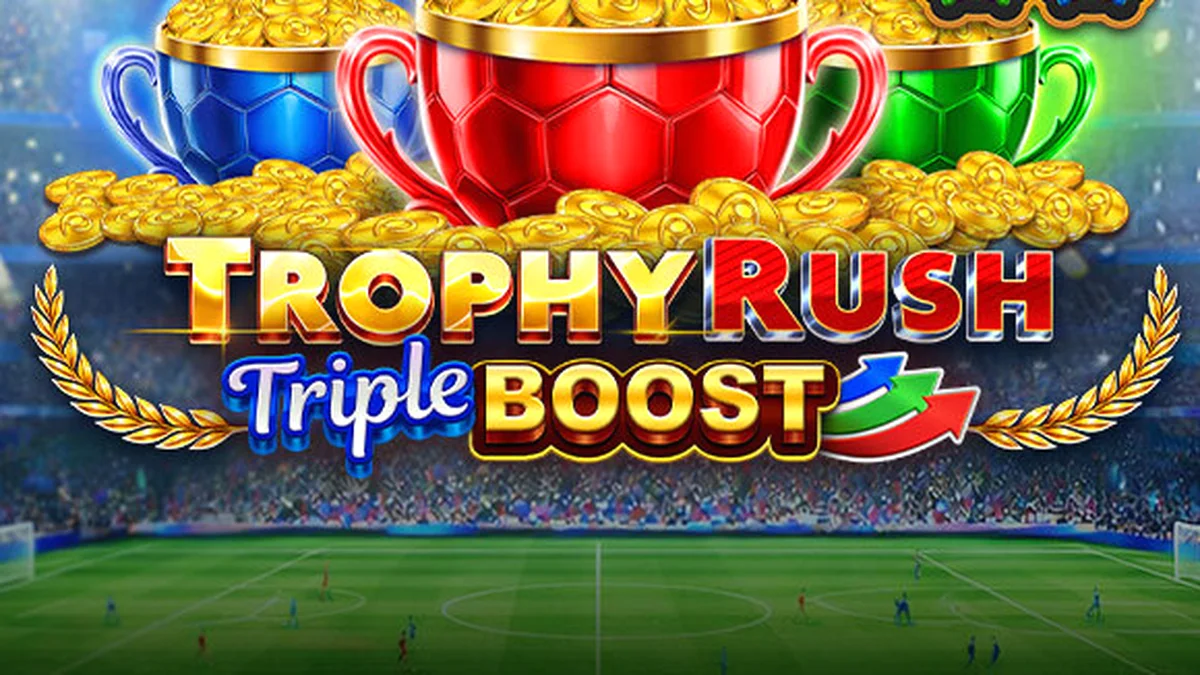 Tampilan visual slot Trophy Rush Triple Boost dengan tema olahraga dan koin emas.